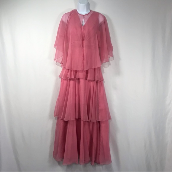 Sold—Vintage Pink Chiffon Empire Waist Maxi Dress with Matching Chiffon Cape - Picture 7 of 17